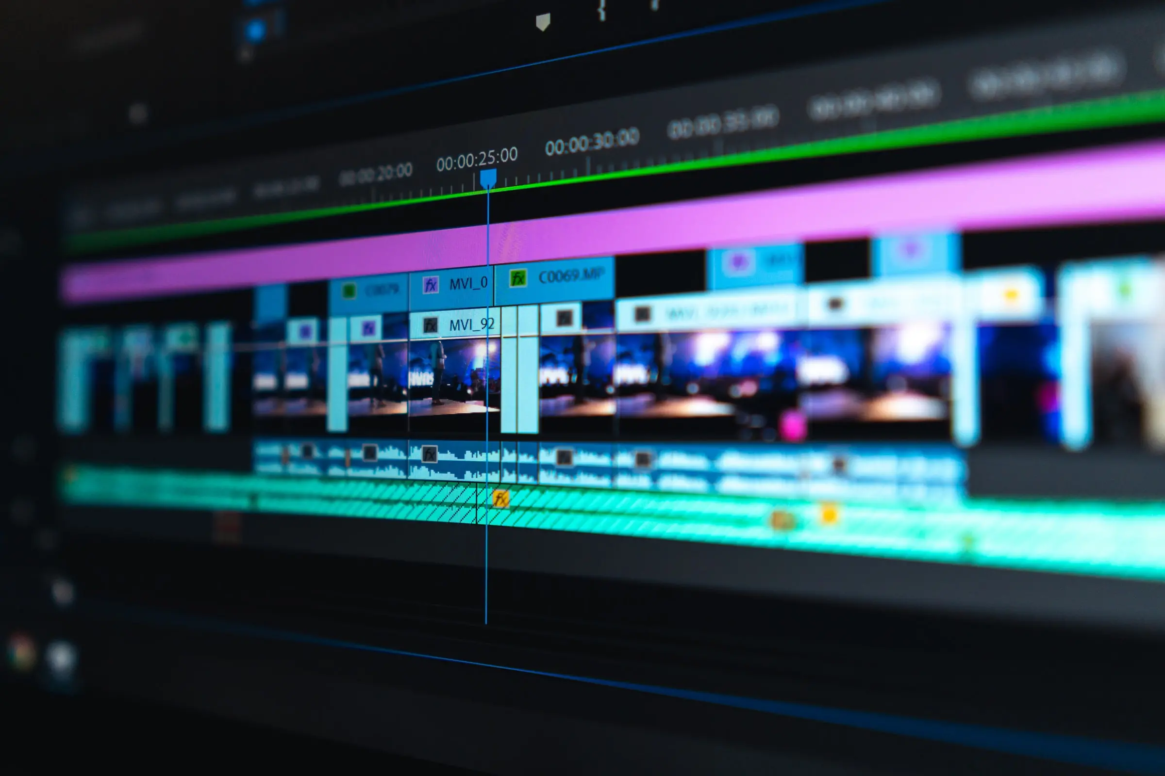 Vertical video editing timeline with captions and effects